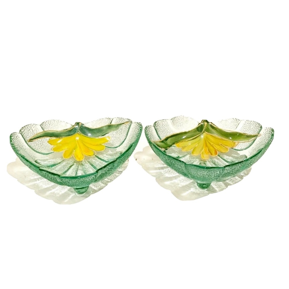 Decorative Glass Dishes Green Leaf Shaped Yellow Painted Floral Key Trinket Tray